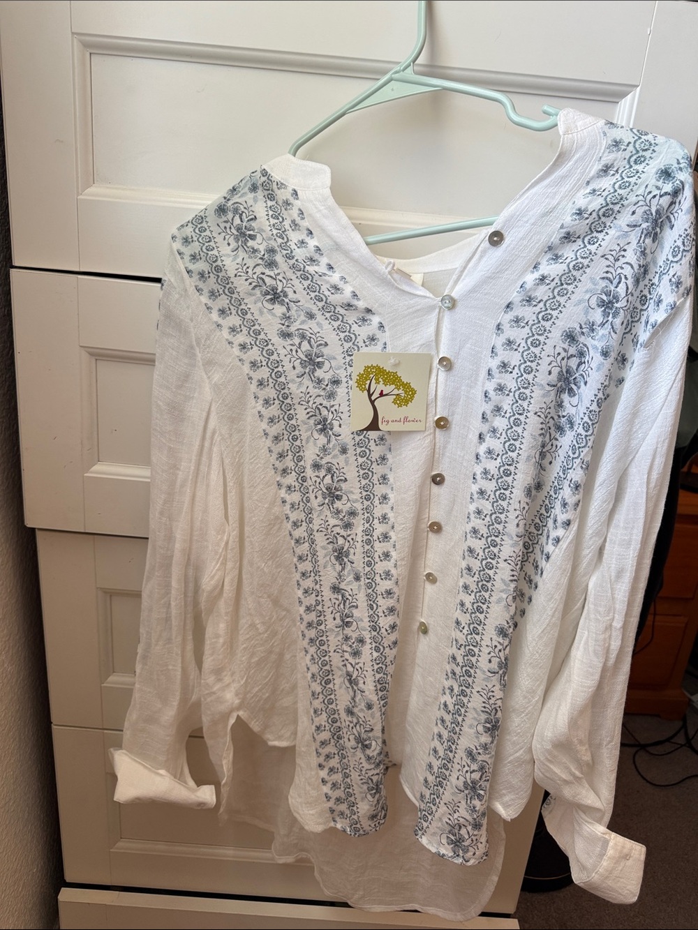 fig and flower White Button-Down Shirt with Blue Floral Trim